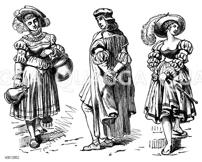 Deutsche Renaissancetracht (1500-1550), links: Bürgerfrau, mitte: Student, rechts: Fahrende Frau [Digital]