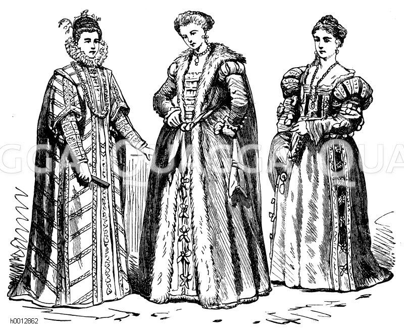 Spanische Tracht (1550-1600), Italien, links: Fürstin Orsini, mitte: Venezianerin, rechts: Fürstin (Anfang des Jahrhunderts) [Digital]