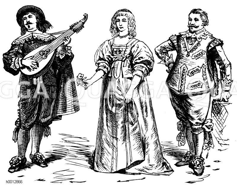 Zeitalter des 30jährigen Krieges (1600-1650), links: Lautenspieler (1635), mitte: Gräfin Devon, rechts: Moritz von Oranien (1620) [Digital]