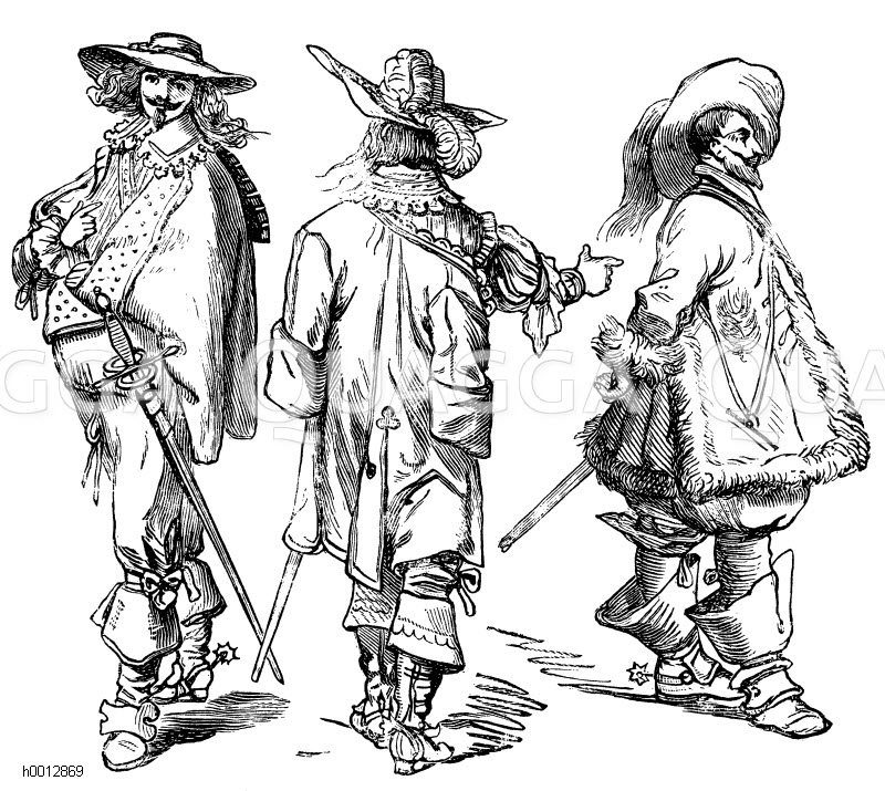 Zeitalter des 30jöhrigen Krieges (1600-1650), links und mitte: Messieurs à la mode, 1629, rechts: 1630-1640 [Digital]