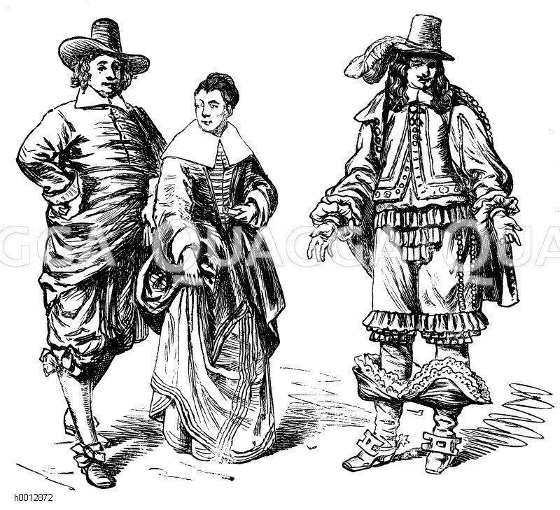 Zeitalter des 30jöhrigen Krieges (1600-1650), rechts: Bürgerliche Tracht, Mitte des Jahrhunderts, rechts: Kavalier, 1646 [Digital]