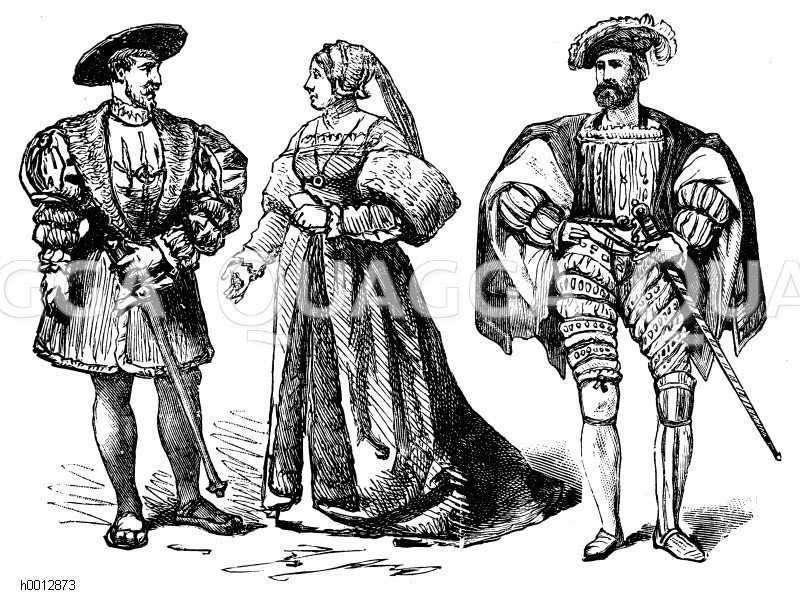 Französische Renaissancetracht (1500-1550), links Franz I. (gest. 1547), mitte: Vornehme Frau, rechts: Claudius von Guise (gest. 1550) [Digital]