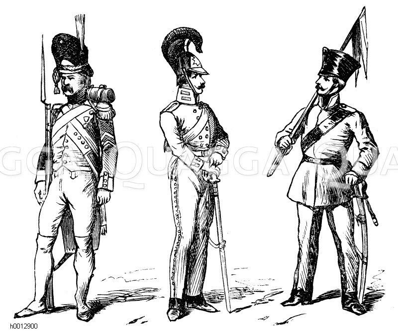 Kriegstracht der neueren Zeit, links Französischer Grenadier 1812, mitte Preußischer Kurassier 1813, rechts: Preußischer Landwehrkavallerist 1813 [Digital]