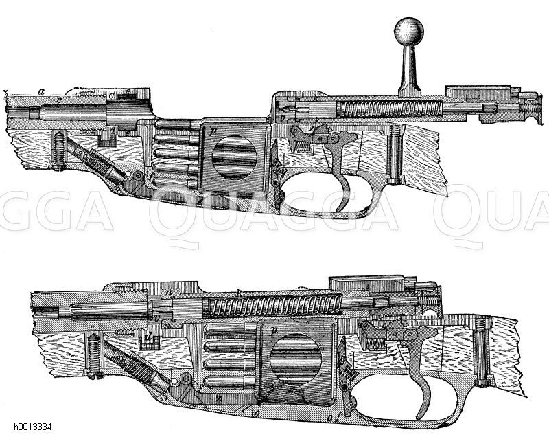 Deutsches Gewehr 88, vor dem Schließen der Kammer (oben), abgeschossen (unten) [Digital]