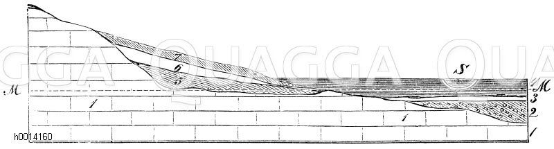 Durchschnitt des Tales der Somme bei Abbeville nach Prestwitsch. 1) Kreide, 2) Kies, unmittelbar auf der Kreide liegend, 3) Letten, unter dem Torf (4) im Tal liegend, 5) graues Diluvium mit Knochen und Steinäxten, 6) kalkiger Lehm oder Löß, 7) brauner Lehm und Dammerde, M) Niveau der Meeres, 8) Somme [Digital]