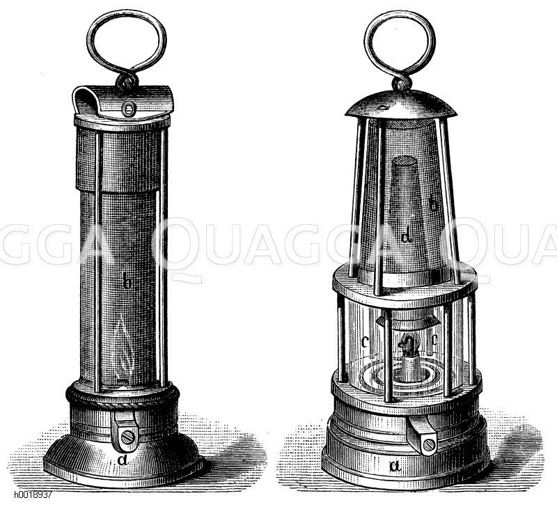 Sicherheitslampen. Alte Davylampe (links), verbesserte Einrichtung von Mueseler (rechts) [Digital]