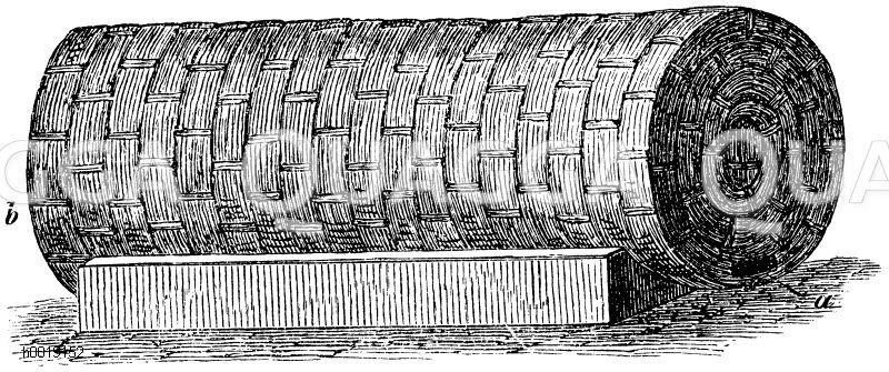 Bienenkorb aus Stroh, Walze. a) Flugloch, b) hintere Deckel (hier nicht sichtbar) zum Abnehmen [Digital]