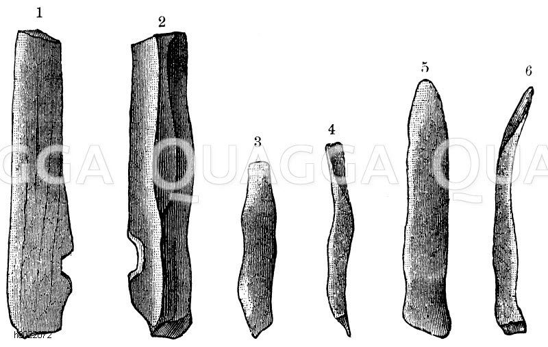 Feuersteinfunde aus der Höhle Hohlefels: 1) und 2) abgebrochenes Feuersteinwerkzeug, 3) - 6) Feuersteinspitzen. 1/2 wirklicher Größe (nach O. Fraas) [Digital]