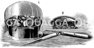 Mit Glasglocke bedeckte Stecklingsschale (links); Durchschnitt durch die Schale (rechts); Steckholz und Stecklingsmesser (unten) Zeichnung/Illustration