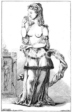 Miss Chualy als Iphigenie auf einem Londoner Ball. Anonymer englischer Kupferstich 1749 Zeichnung/Illustration