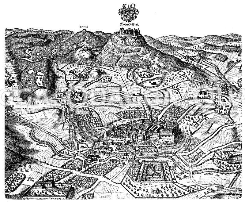 Burg Hohenzollern und Umgebung (nach Merians Topographie von 1645) Zeichnung/Illustration