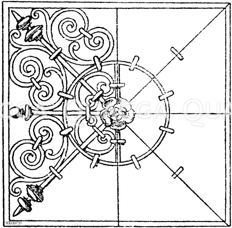 Quadrat: Schmiedeisenfüllung. Entworfen von F. Kiefhaber, ausgeführt von F. Beck in Magdeburg. 19. Jahrhundert. [Digital]