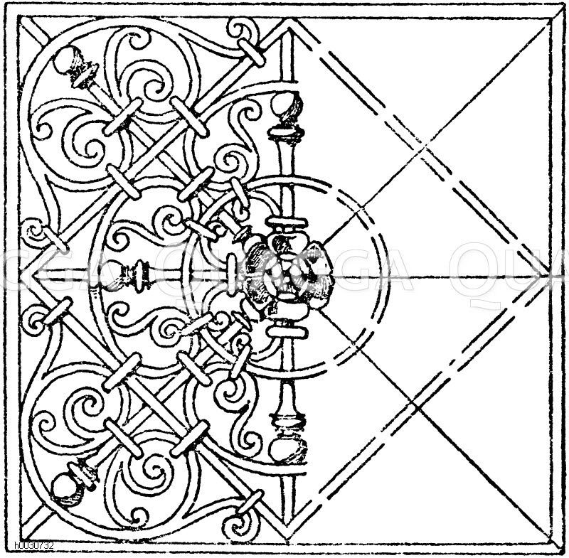 Quadrat: Schmiedeisenfüllung. Entworfen von F. Kiefhaber, ausgeführt von F. Beck in Magdeburg. 19. Jahrhundert. [Digital]