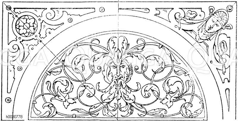 Halbkreis und Zwickel: Schmiedeiserne Füllung. Nachbildung eines Renaissancegitters von Dir. Storck. [Digital]