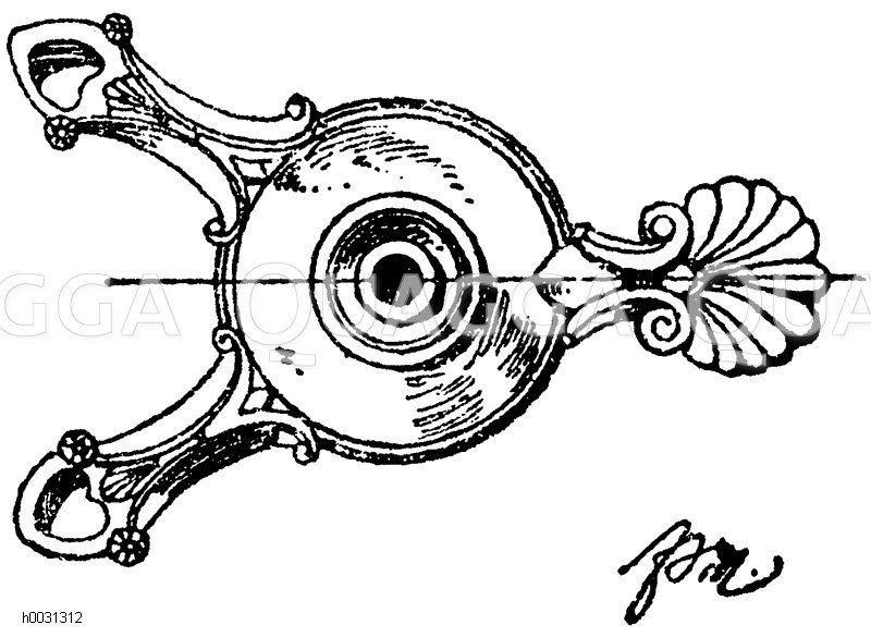 Antike, zweischnauzige Bronzelampe von herkömmlicher Form. Gefunden in Herkulanum, Museum in Neapel. [Digital]