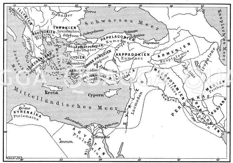 Übersichtskarte der ersten Teilung des Reiches Alexanders des Großen [Digital]