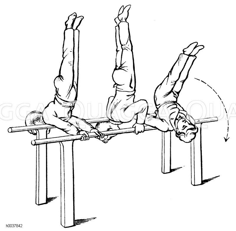 Turnen, Barrenübungen: Bruststehen (links), Schulterstehen (mittig), Genickstehen (rechts) [Digital]
