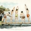 Fünf junge Männer beim Startschuss zum Wettschwimmen Zeichnung/Illustration