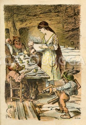 Schneewittchen und die sieben Zwerge. Das Mädchen serviert das Essen. Grimms Märchen Zeichnung/Illustration