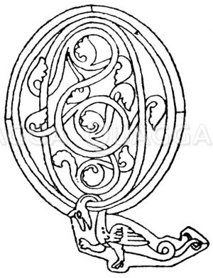 Romanische Schrift: Buchstabe Q. Initial aus dem 13. Jahrhundert. (Arnold & Knoll) Zeichnung/Illustration