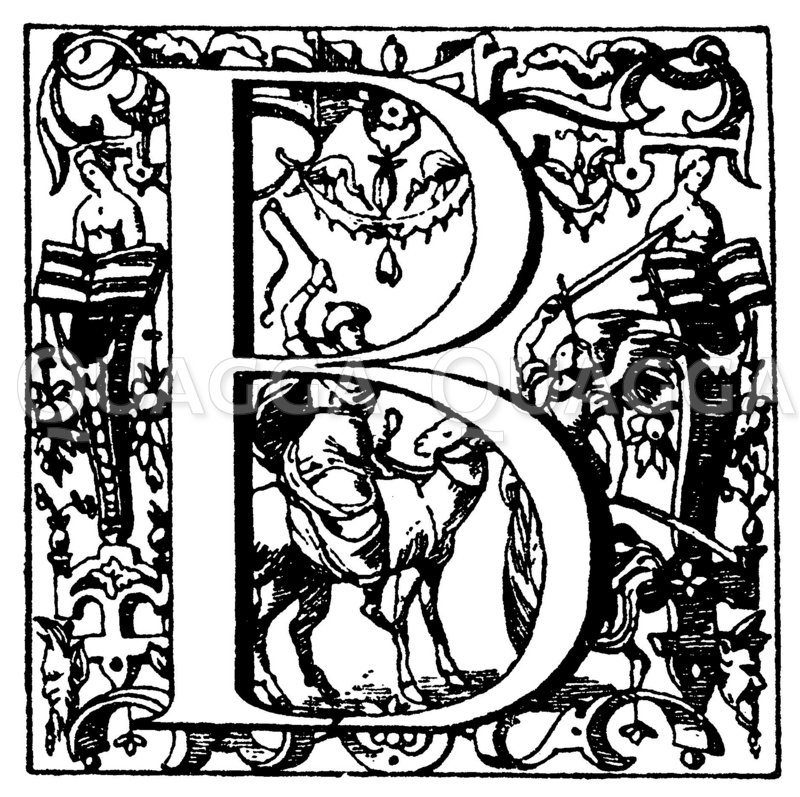 Lateinisches Initial: Buchstabe B. Renaissanceinitial aus dem 17. Jahrhundert. Plantinische Offizin in Antwerpen. (Ysendyck) Zeichnung/Illustration