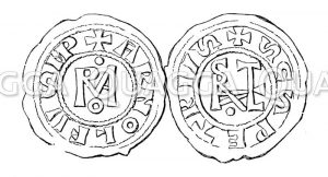 Monogramm Roma. Monogramm Stephanus. Kaisermünzen: Münze Arnulfs von Kärnten und Papst Stephans VI.