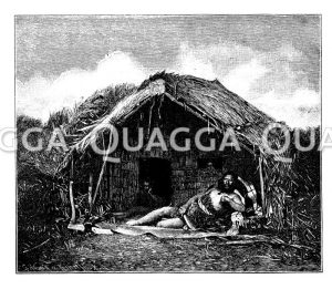 Maorikrieger auf dem Vorplatz seiner Hütte