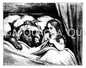 Rotkäppchen mit dem als Großmutter verkleideten Wolf im Bett