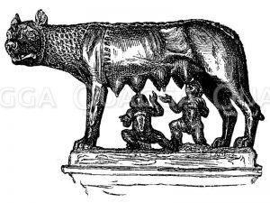 Kapitolinische Wölfin säugt die Zwillinge Romulus und Remus. Alte Bronzefigur