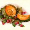 Stillleben mit Melone und Himbeeren