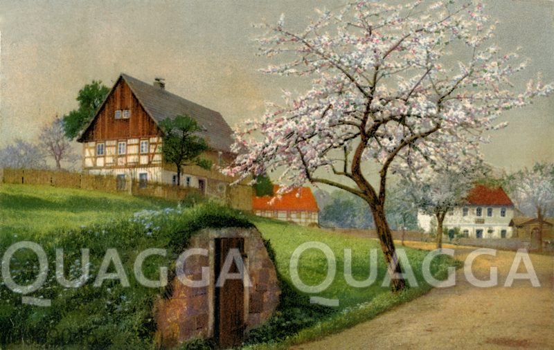 Bauernhaus im Frühling mit Erdkeller