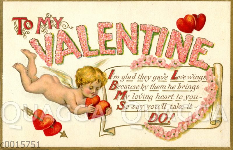 Valentinskarte: Engel fliegt mit Herz in der Hand