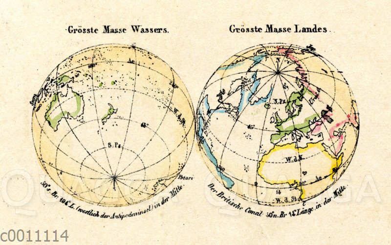 Erdkugel: Abbildung der größten Wassermasse und der größten Landmasse