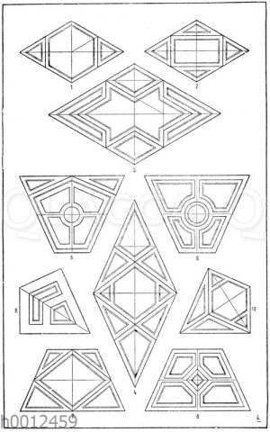 Raute und Trapez: 1.-4. Felderteilung der Raute. 5.-8. Felderteilung des symmetrischen Paralleltrapezes. 9.-10. Felderteilung des symmetrischen Trapezes.