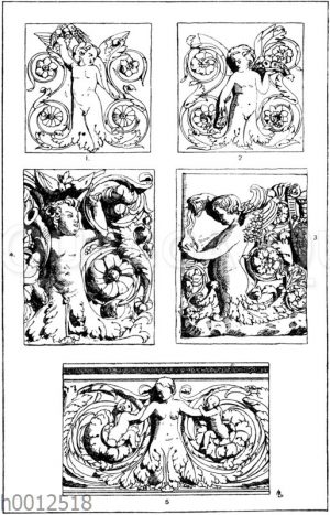 Halbfiguren: 1-2. Füllungen von einem dreiseitigen römischen Altar. 3. Partie aus einem römischen Relief. 4. Sockelverzierung von einem Altar im Dom zu Orvieto. Ital. Renaissance (Gewerbehalle). 5. Partie aus einem Relief. Ital. Renaissance.