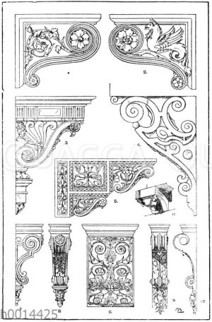 Konsolen: 1.-2. Seitenansichten einer Renaissancekonsole im Museum des Vatikan in Rom. 3. Renaissancekonsole vom Hotel d'Assezat in Toulouse