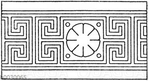 Symmetrische Mäander: Geschlossene Mäander (aus einzelnen geschlossenen Figuren zusammengesetzt). Zweiaxig-symmetrisch. Griechisch und 19. Jahrhundert.