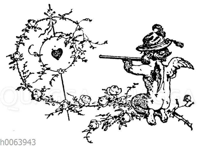 Vignette: Nackter Amor schießt auf Zielscheibe