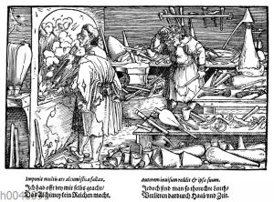 Alchemistisches Laboratorium. Faksimile des Holzschnittes von Hans Burgmair in den 'Bildern zu Schimpf und Ernst'